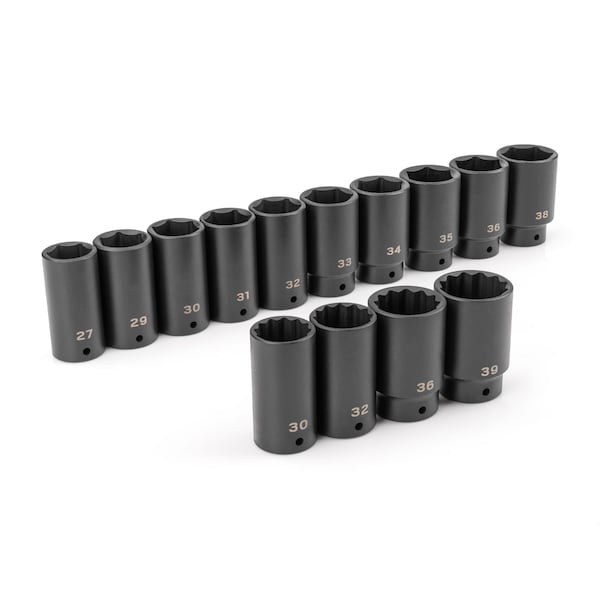 1/2 Inch Drive Deep 6-Point and 12-Point Axle Nut Impact Socket Set, 14-Piece (27-39 mm)
